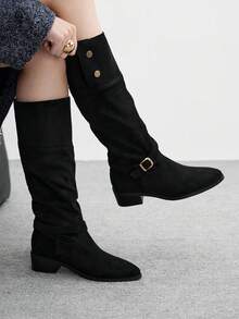 CUCCOO BIZCHIC Women's Buckle Design Everyday Fashion Pleated Chunky Heel Knee-High Boots - Black - View 3