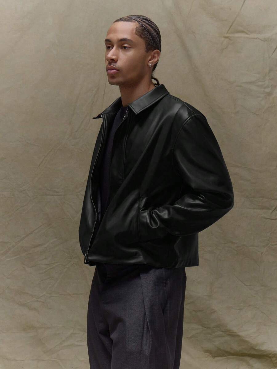 Musero Boxy Fit Leather Long Sleeve Cropped Hidden Placket Leather Jacket Fall Outfits Winter Clothes Autumn Winter - Black - View 1