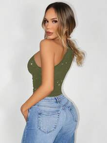 Zolique Solid Color Oblique Shoulder Fitted Sleeveless Bodysuit, Summer - Army Green - View 6
