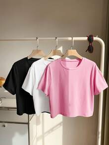 Comfortcana 3pcs/Set Plus Size Basic Crew Neck Short Sleeve Colorful T-Shirts - Pink - View 3