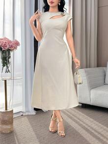 Feyla Women's Solid Color Metal Starfish Decor Hollow Out Sleeve Elegant Mid-Length Dress Midi Dress Summer Elegant Dress Elegant Midi Dress - Apricot - View 6