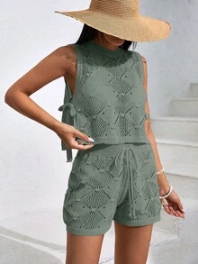 EURMUSE Women's Hollow Out Shorts & Top Cover Up Set - Mint Green - View 4