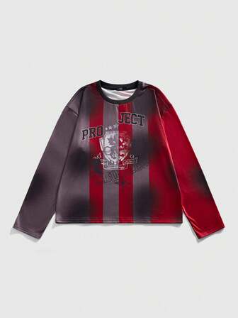 T-shirt à manches longues décontracté et polyvalent pour hommes avec col rond, imprimé lettres et blocs de couleurs