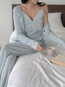 DAZY 3pcs Striped Cardigan Top, Lace Trim Camisole, And Long Pants Women Pajama Set - Blue and White - View 3