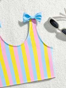 SHEIN 2pcs/Set Young Girls' Bikini Sets, Blue Striped Unicorn Print Bow Decor, Sports, Lively, Cute, Active, Suitable For Swimming, Beach, Pool, Photo Shooting, Gift, Water Park, Spa, Summer Kids Bathing Suits 2 Pieces Kids Swimwears Girls 2 Pieces Toddler Bathing Suit Young Girls Bikini Sets Young Girl 2 Pieces Ruffled Swimwear Set Swimwears For Girls Two Pieces With Ruffles Girls Bikini Sets With Ruffles Unicorn Swimwear Girls Unicorn Bathing Suit Girls Swim Two Pieces Rainbow Two Pieces Girls Beach Sets Unicorn Swimwears Kids Cute Dinosaur Swimwear For Kids - Multicolor - View 5
