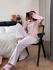 Dream Adore Women's Pullover Button-Up Long Sleeve Striped Print Pajama Set