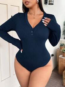 Vionelle Plus Size V-Neck Long Sleeve Button-Down Bodysuit - Navy Blue - View 1