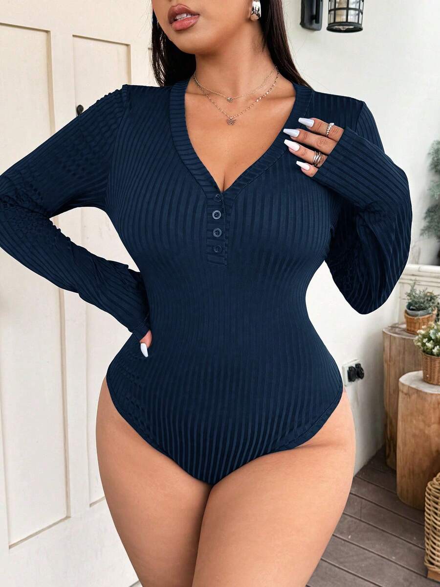 Vionelle Plus Size V-Neck Long Sleeve Button-Down Bodysuit - Navy Blue - View 1