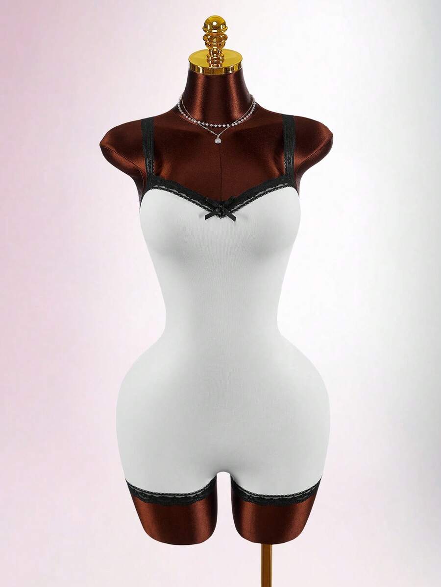 Amplova Women's Tight Jumpsuit With Contrast Lace Trim, Sexy & Minimalist, Suitable For Casual Wear - Black and White - View 1