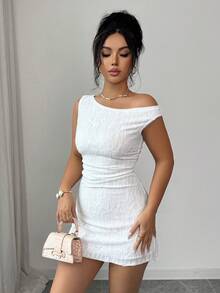 Elenzga Women's Summer New Beach Holiday Dress, White Knit Asymmetrical Shoulder, Sleeveless Fitted A-Line Mini Dress - White - View 6