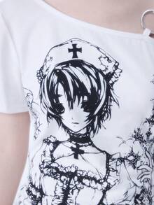ROMWE Anime Millennium Cartoon Vine Cross Strap Short Sleeve Elastic Ruched Women T-Shirt - White - View 3