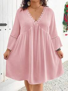 SHEIN CURVE+ Plus Size Holiday Casual White Flared Sleeve Bohemian Style Linen Dress Boho Vacation Plus Size Dress Plus Casual Dress Summer Plus Size Dress - Pink - View 10
