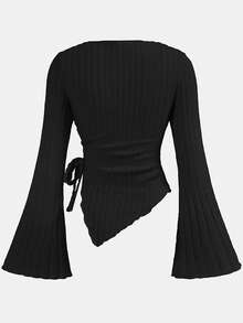 Girlism 少女黑色抽绳不对称下摆喇叭袖T恤，舒适秋季T恤 - 黑色 - 查看 2