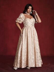 Viva Relle Valentine Plus Size Puff Sleeve Elegant Formal Dress, Graceful & Sweet For Banquet - Apricot - View 3