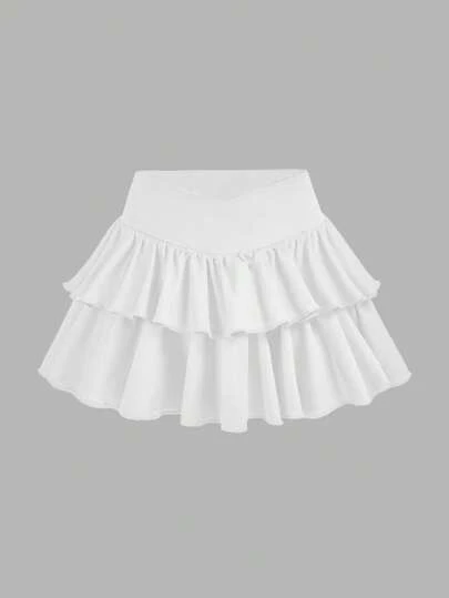 Girlism Teen Girls Casual, Sports, School, Back To School, White Undershorts With Ruffled Hem Skirt, Crossover Waist Design Skirt, Spring And Summer