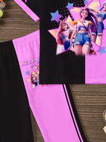 SHEIN 2件套卡通女孩彩色紫色和黑色撞色T恤和喇叭裤，K-Pop少女休闲简约卡通图案圆领短袖T恤和喇叭裤，适合夏季、休闲校园运动风、户外野餐、街头摄影、居家穿着。 - 彩色 - 查看 5
