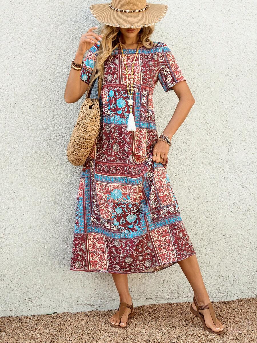 EMERY ROSE 女士夏季长款连衣裙，短袖，大碎花印花。 - 藍色 - 查看 1