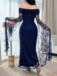Feyla Women's Off-Shoulder Extra Long Sleeve Lace Twist Design Elegant Dress - Blue - View 2