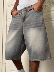 Manfinity EMRG Quần short denim nam ống đứng thêu họa tiết - Màu Xám nhạt - Xem 3