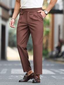 Manfinity Bizformal Men's Solid Color Pleated Pocket Straight Leg Suit Pants, Office Wear - Redwood - View 3