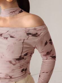 Modelyn T-shirt en maille transparente sexy imprimé ruban tricoté d'automne - Mauve - Voir 5