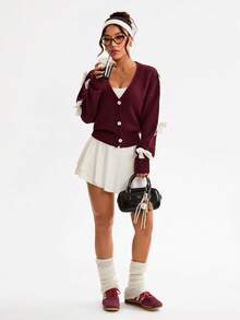Easithlete Women's Bow Tie Cardigan, Sweet And Versatile Sweater - Maroon - View 5