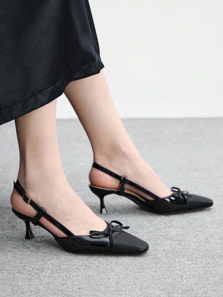 CUCCOO BIZCHIC Women Elegant Solid Color Bow Decor Slingback Heeled Sandals Valentine's Day