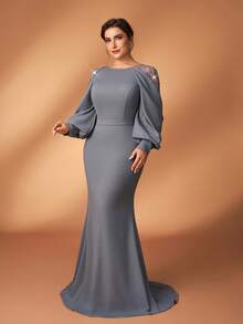 Serin Plus Size Rose Gold Spring Elegant Evening Mermaid Dress,Gray Sequin Embroidered Patchwork Elastic Knit Asymmetric Ruffle Sleeve Fitted Party Gown - Grey - View 5
