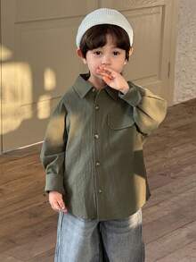 DAZY Young Boy Casual Solid Color Long Sleeve Shirt, Autumn Spring - Green - View 6