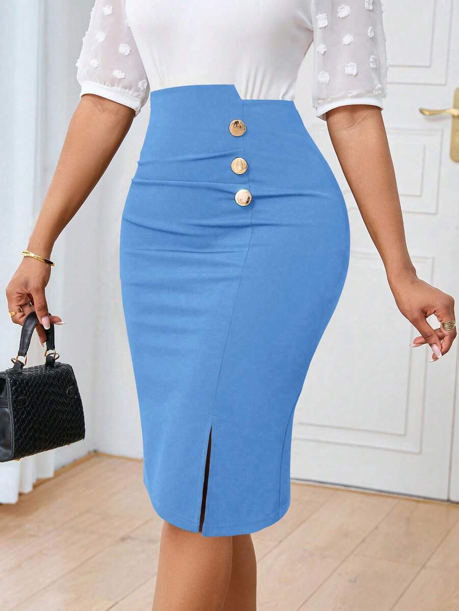 Lunelith SHEIN Lunessa 女士通勤简约纯色不对称腰带纽扣设计优雅铅笔裙 - 藍色 - 查看 1