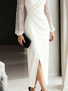 Balvessa 女士修身腰部拼接网纱箔面短裙 - 白色 - 查看 4