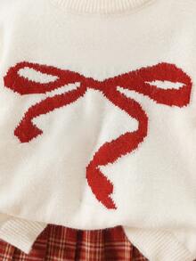 Sweetra 女童蝴蝶结提花针织套头衫，复古宽松柔软针织毛衣，红色格子百褶裙，适合万圣节、圣诞节、返校季