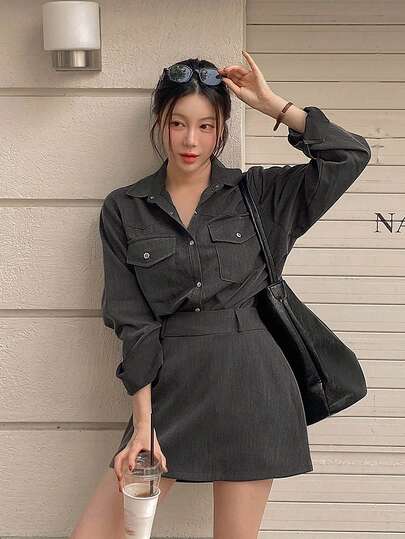 DAZY 2件套 女士工装风长袖衬衫+迷你裙套装