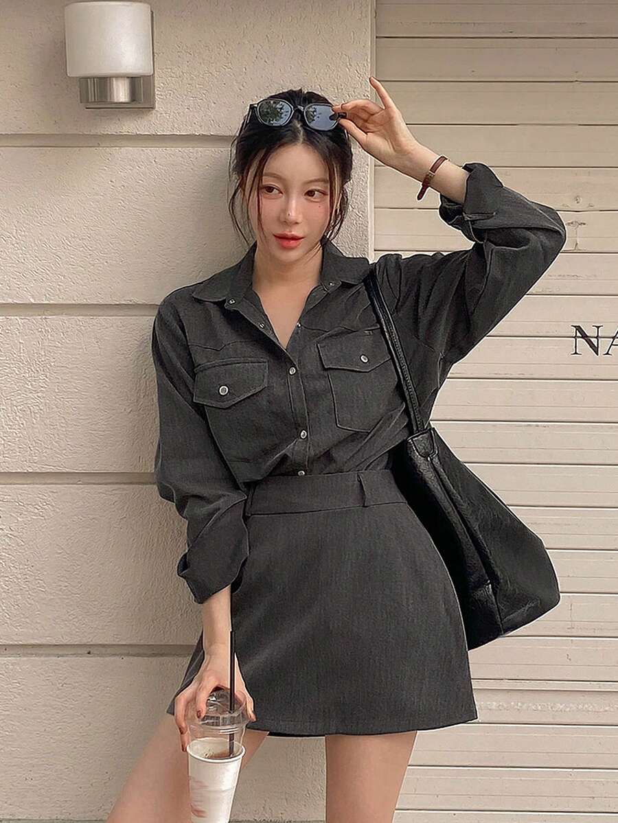DAZY 2pcs/Set Women's Cargo Style Style Long Sleeve Shirt + Mini Skirt Suit - Grey - View 1
