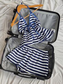 Trelyra 女士条纹系带露背上衣和短裤两件套，春夏款 - 藍白色 - 查看 3