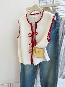 SHEIN Franclia Casual Loose Round Neck Sleeveless Knitted Contrast Trim Front Tie Beige Women Sweater Vest, Spring/Summer - Beige - View 4