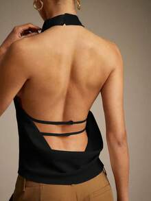 Hauture Sexy Summer Casual Asymmetrical Neck Backless Cowl Top - Black - View 4