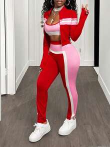 BamGleam Bộ 2 áo crop top kẻ sọc in kỹ thuật số màu đỏ, hồng và trắng có khóa kéo và quần ôm vừa vặn, phong cách thể thao và thường ngày - Nhiều màu - Xem 3