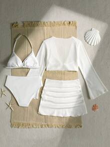 SHEIN 4-Piece Tween Girl White Swimsuit Set With Cover-Up Dress And Bikini, Suitable For Beach Vacation