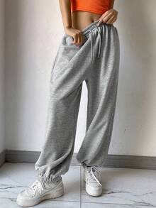 DAZY Quần dài thể thao nữ dáng rộng, cạp chun, bo gấu, kiểu Y2K - Xám - Xem 5