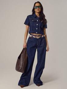 MUSERA Cropped Short Sleeve Washed Denim Top Spring, Girly, Day Outfits, Cute, Casual Sweet Pea - Navy Blue - View 5