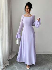 Modelyn 1件女士优雅精致时尚喇叭袖方领藏蓝色连衣裙长款女装 - 紫色 - 查看 7