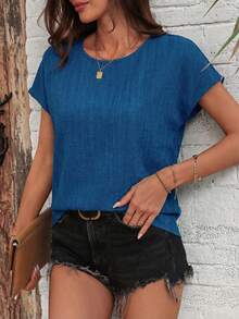 SHEIN LUNE 女士休闲纹理蓝色衬衫，夏季女装上衣，春季女装外出上衣，度假女装，夏季假期蓝色上衣，邮轮女装，工作女装，短袖女装 - 藍色 - 查看 6