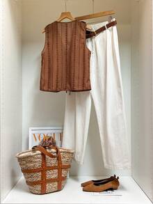 SHEIN Frenchy 女士植物刺绣拼接荷叶边下摆前系带无袖衬衫 - 棕色 - 查看 9