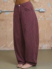 COUREZ Unisex Women Men Low Rise Baggy Barrell Fit Check Trousers Cotton - Red - View 3