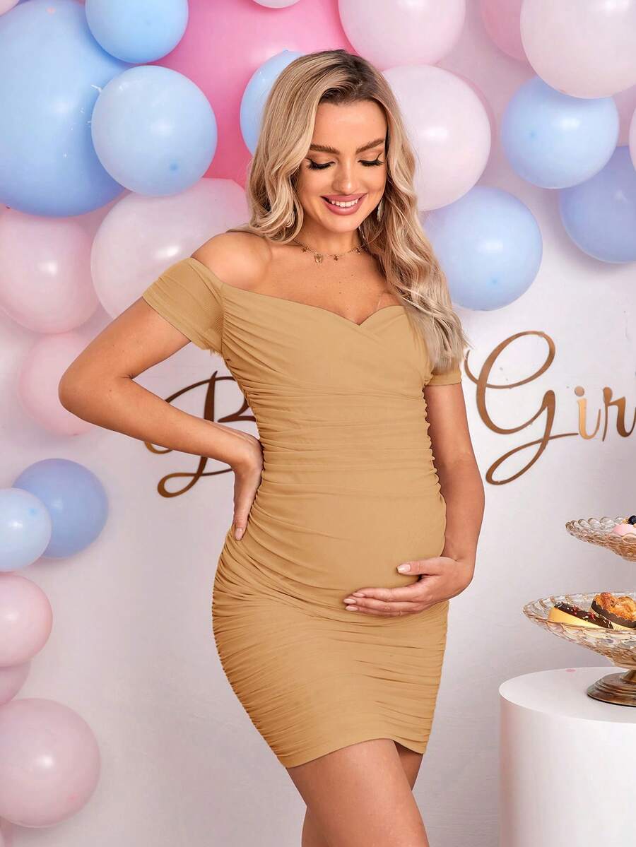 Loomaby Maternity Solid Color Off Shoulder Short Sleeve Ruched Fitted Fashionable Dress - Khaki - View 1