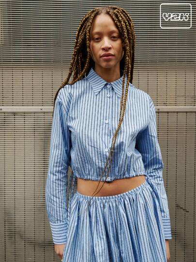 COUREZ Blue Pinstripe Button Up Cropped Shirt With Adjustable Ruched Tie Sides Y2K Vintage