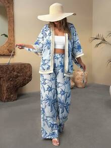 EURMUSE 女士蓝色花卉和服高腰裤套装 – 七分袖，宽松版型，粘胶纤维面料，优雅度假套装 - 藍白色 - 查看 3