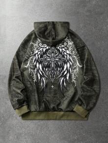 ROMWE MEN 男士休闲十字图案连帽卫衣 - 黑色 - 查看 1