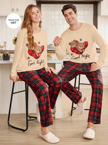 CoupledUp 2pcs Men's Heart Plaid Pajama Set, Couple Loungewear Cute Pajamas Teddy Bear Pajama Set Bear Pajamas Couple Pajama Couple Matching Pajamas Set - Multicolor - View 5